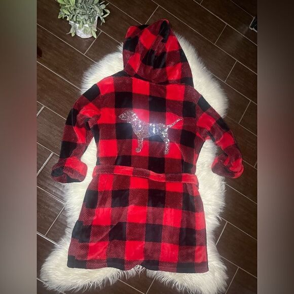 Victoria's Secret Pink Bling Plaid Fleece Hooded Robe Red/Black/Silver Dog XS - Picture 7 of 10